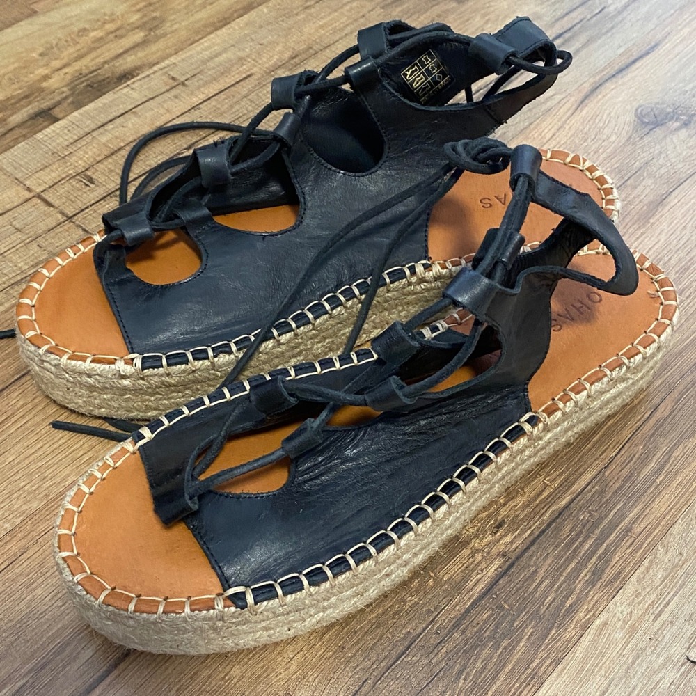 Alohas Black Leather Lace Up Platform Sandals Made in Spain Size 40/US 9